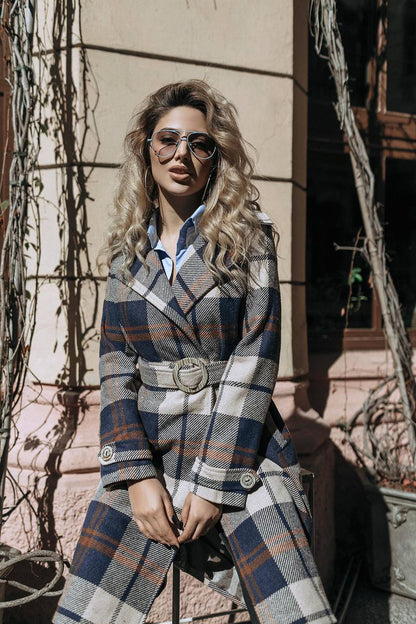 Womens Long Blue Plaid Turkish Coat