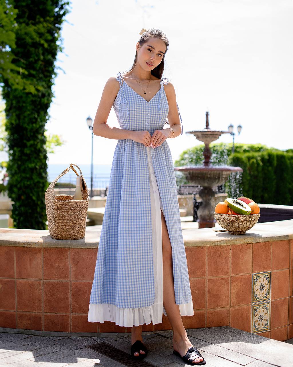 Cotton Checked Sundress with Crinkled Batiste Lining for Women