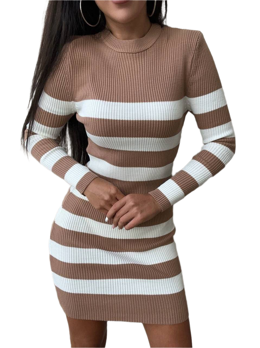 Brown and white striped dress worn by a person on a white background