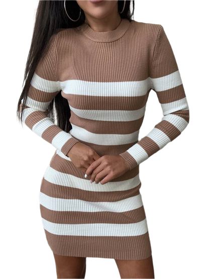 Brown and white striped dress worn by a person on a white background