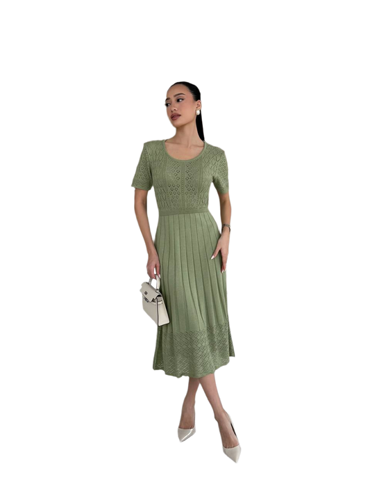 Classic Everyday Green Knit Mid-Length Dress for Women