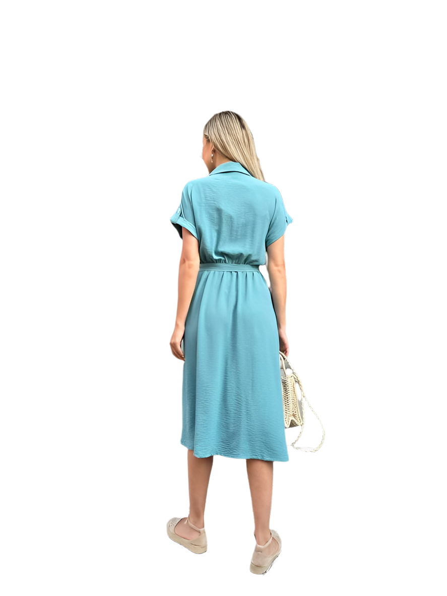 Light Blue Summer Dress with Elastic Waist and Side Pockets