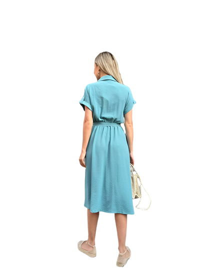 Light Blue Summer Dress with Elastic Waist and Side Pockets