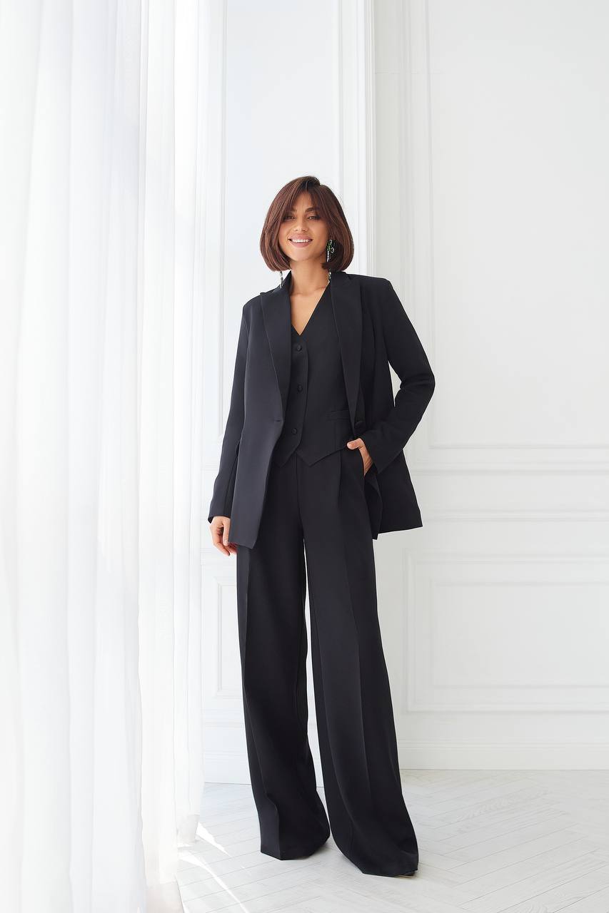Black Women's Three Piece Suit Diagonal Crepe Lined Vest Jacket Trousers