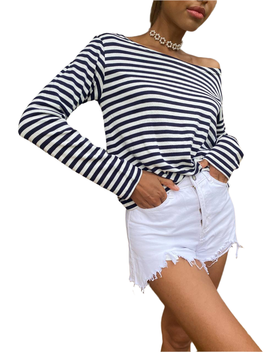 Womens Striped Long Sleeve Shirt 100% Cotton Casual Top