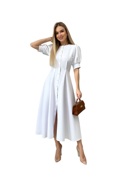 Elegant White Button Front Midi Dress with Puff Sleeves