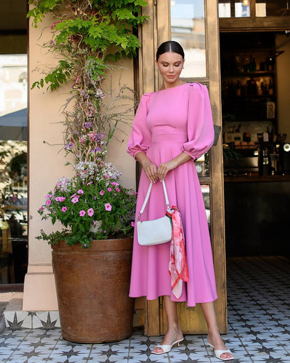 Elegant Midi Dress in Premium Diagonal Suiting Crepe with Puff Sleeves and Back Cutout