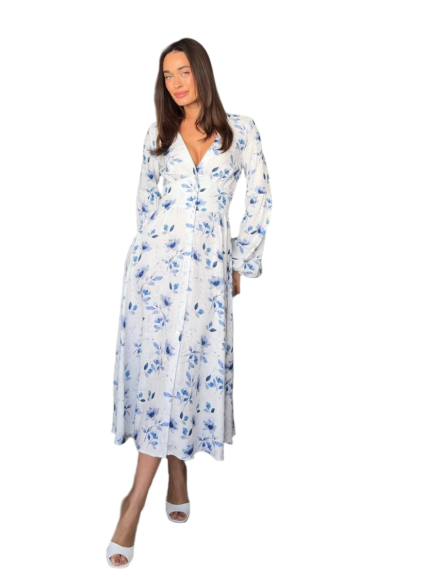 Violeta Luxury Muslin Midi Dress with Blue Floral Print