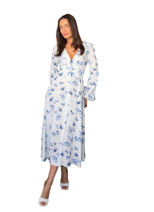 Violeta Luxury Muslin Midi Dress with Blue Floral Print
