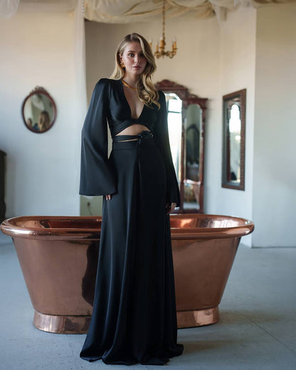 Elegant Women Suit Set with Wide Leg Satin Pants and Wrap Top