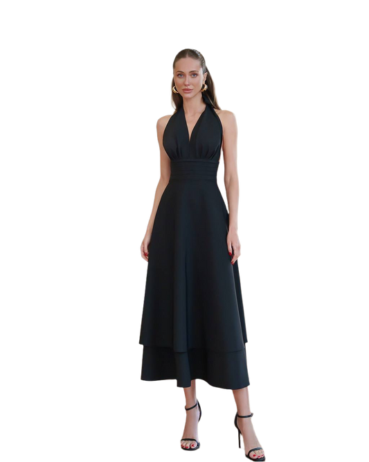 Elegant Halter Layered Midi Dress in Premium Diagonal Suiting Crepe