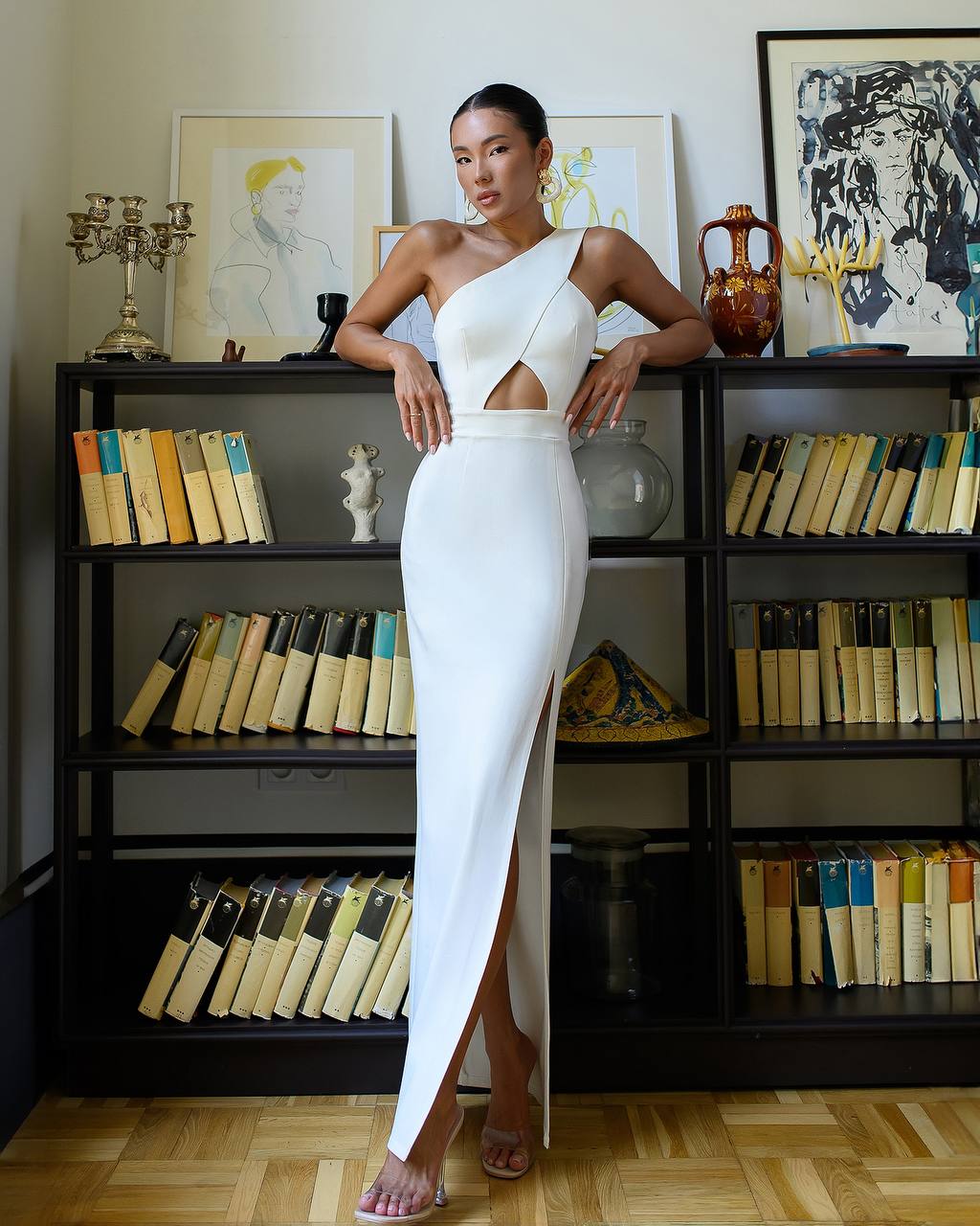 Womens One Shoulder Cutout Bandage Dress in Milk White