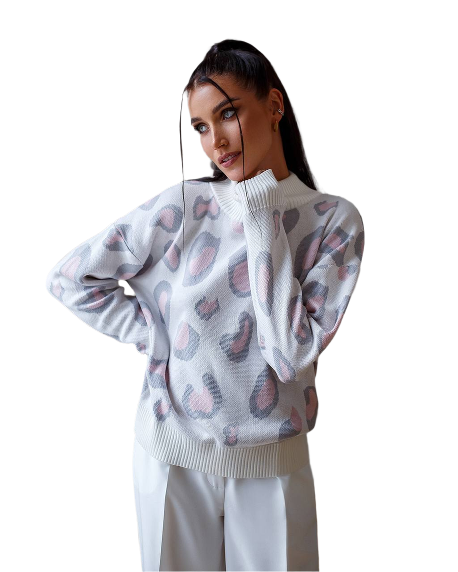 Womens Leopard Pattern Sweater Soft Cotton Acrylic Wool Blend