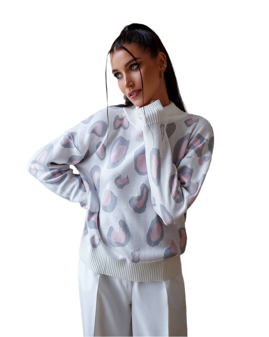 Womens Leopard Pattern Sweater Soft Cotton Acrylic Wool Blend
