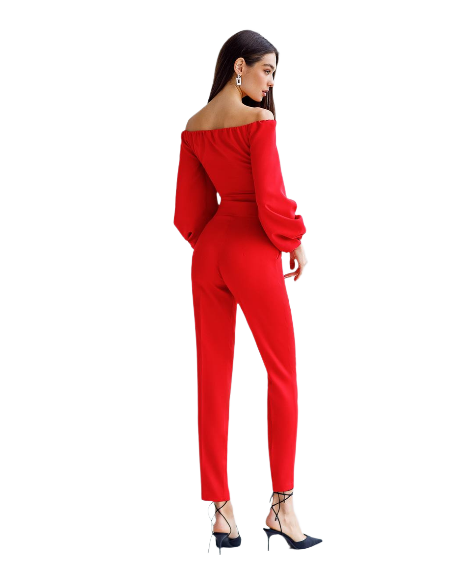 Red off-shoulder jumpsuit worn by a model on a white background