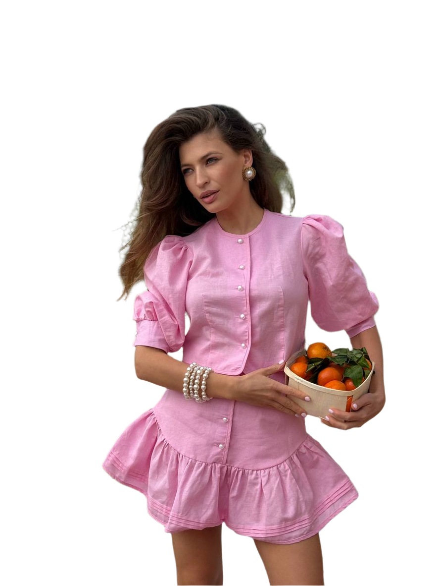 Lika Linen Women's Suit in Peony Pink with Pearl Button Cropped Shirt and Flounce Skirt