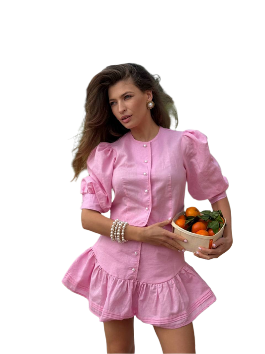 Lika Linen Women's Suit in Peony Pink with Pearl Button Cropped Shirt and Flounce Skirt