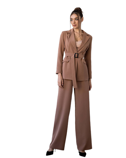 Stylish Beige Suit Set with Belted Jacket and Wide Leg Pants