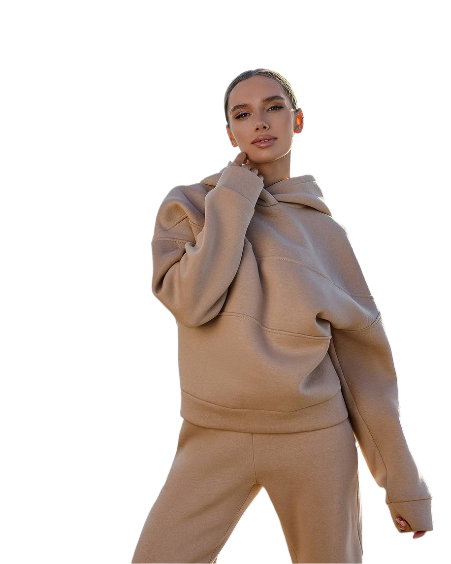 Womens Beige Lux Triple-Knit Fleece Suit with Double-Layered Hood