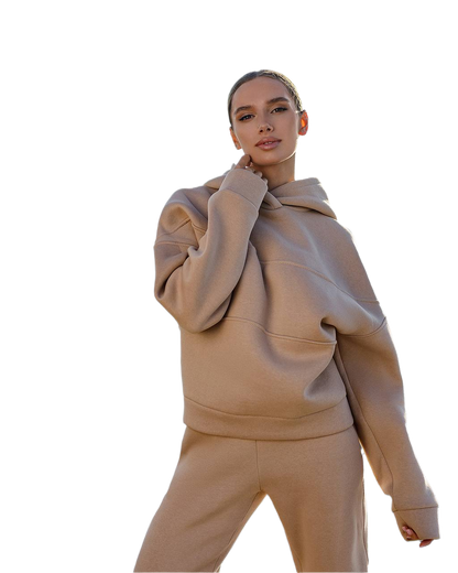 Womens Beige Lux Triple-Knit Fleece Suit with Double-Layered Hood
