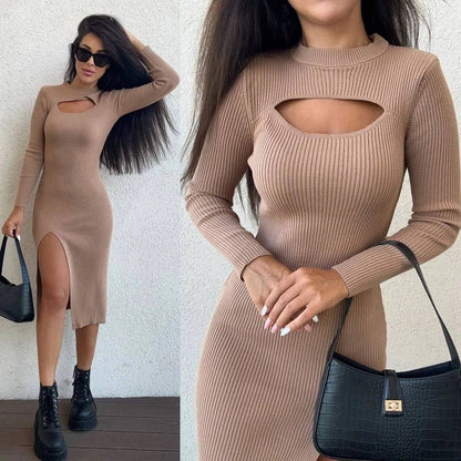 Woman wearing a beige ribbed dress with cut-out design, holding a black handbag.