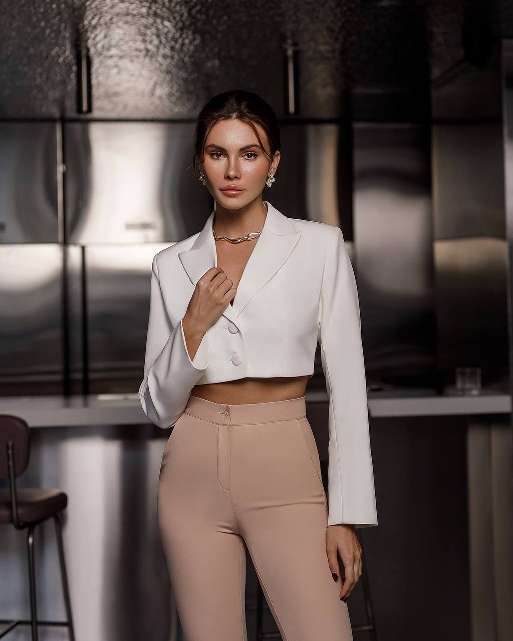 Womens Cropped Suit Jacket Premium Crepe Diagonal
