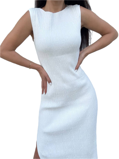 White sleeveless dress worn by a person on a white background
