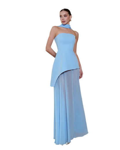 3 Piece Elegant Blue Wedding Bridal Set - Corset Style Dress, Chiffon Skirt and Scarf