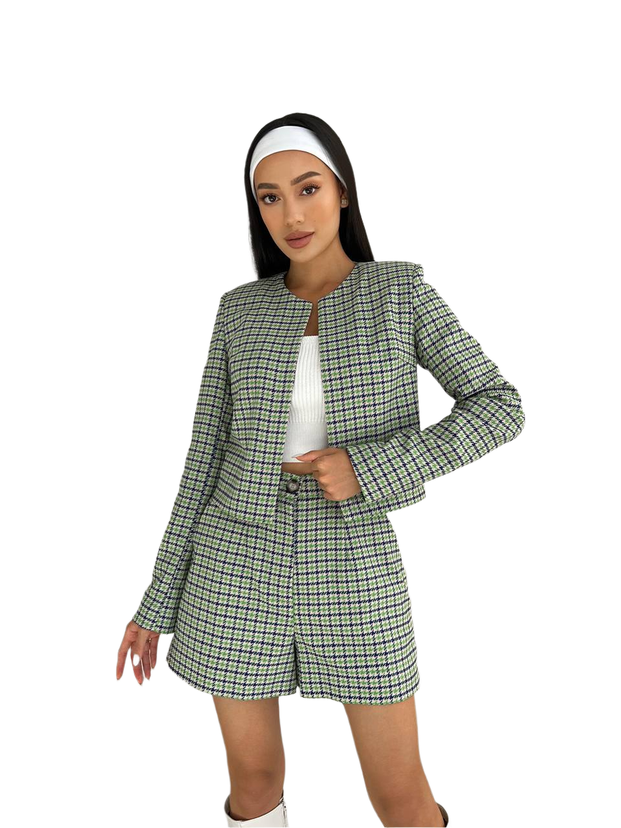 Womens Plaid Suit Set with Shorts and Jacket