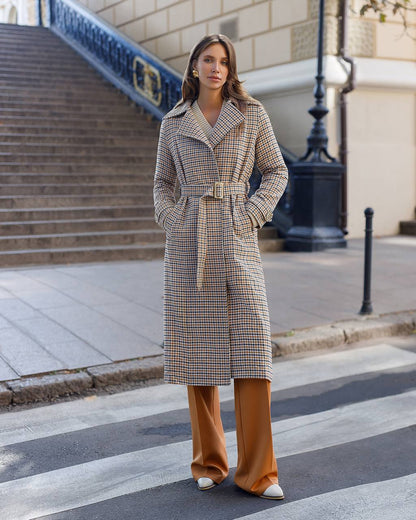Womens Turkish Fabric Houndstooth Pattern Long Coat with Belt