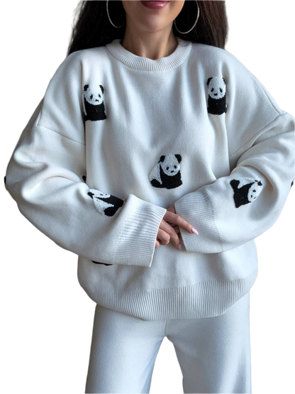 Women's Fine Knitted Panda Suit in Milk Color