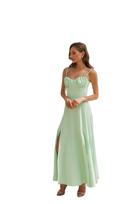 Elegant Long Diagonal Crepe Dress with Slit and Ruffled Bust