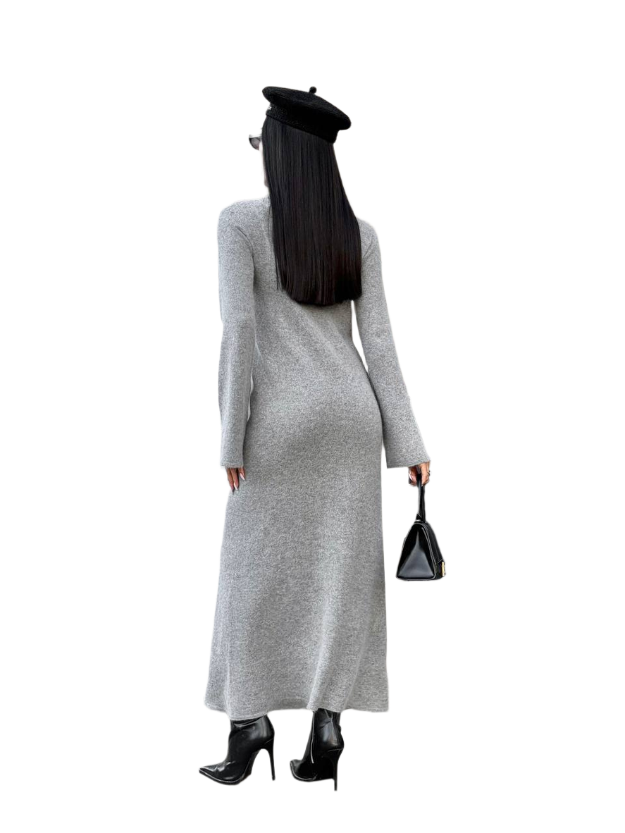 Person wearing a long gray dress with a black beret and black high-heeled shoes on a white background