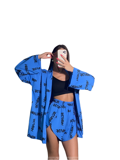 Stylish Blue Soft Fabric Two-Piece Set with Elastic Waist Shorts and Belt