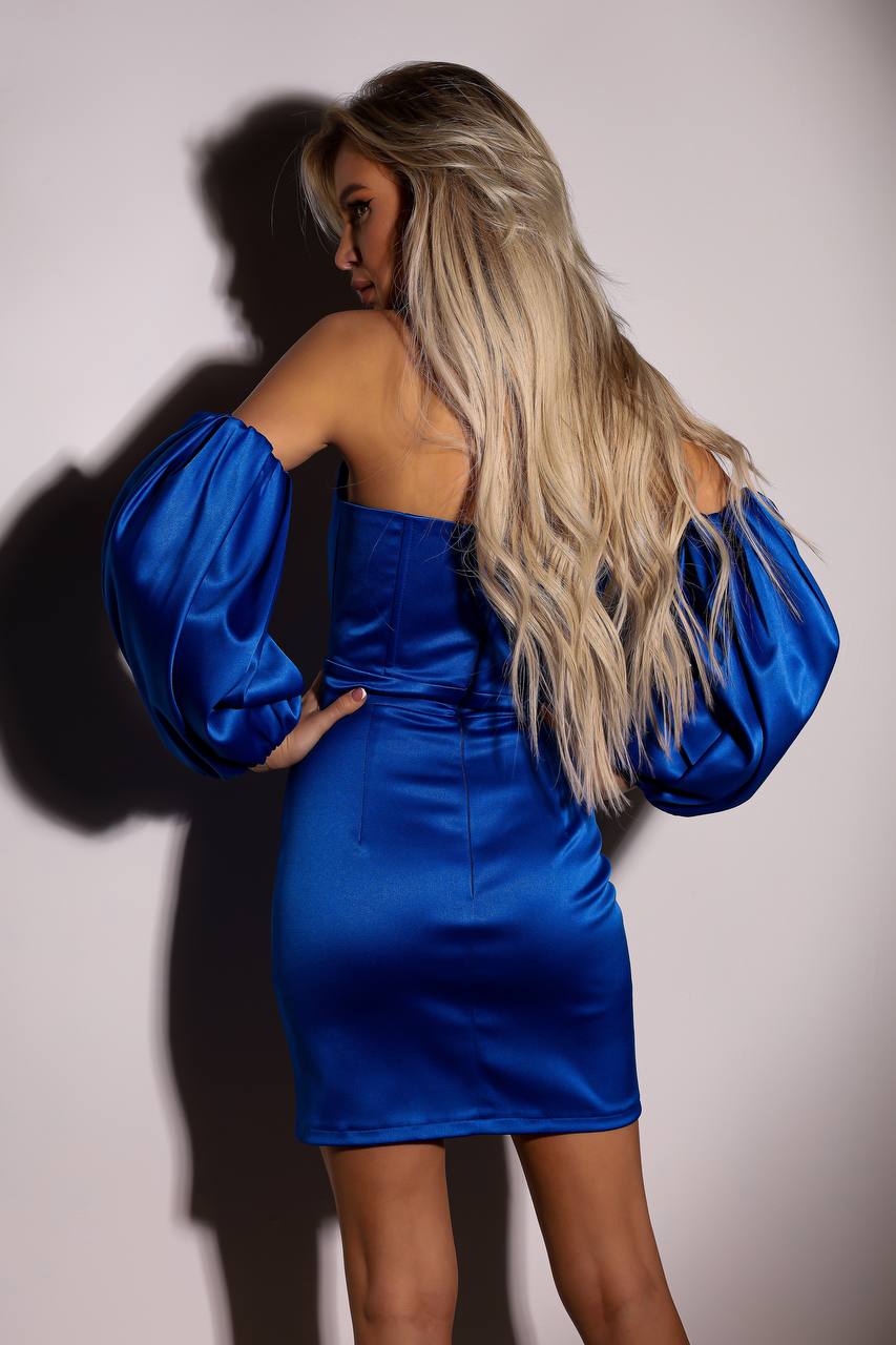 Crystal Mango Satin Strapless Sweetheart Bodycon Mini Dress Electric Blue Puff Sleeve