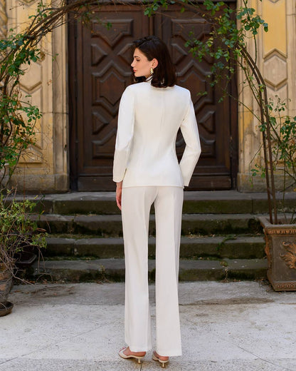 Womens Premium Diagonal Crepe Suit with Satin Collar in White