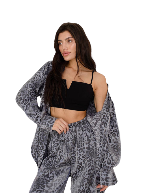 Womens Satin-Viscose Crystal Fabric Shirt and Pants Set in Leo Grey