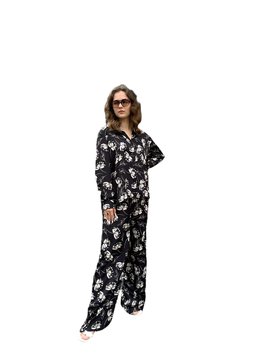 Stylish Womens Black Floral Silk Suit with Classic Shirt and Elastic Waist Pants