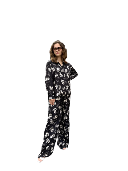 Stylish Womens Black Floral Silk Suit with Classic Shirt and Elastic Waist Pants