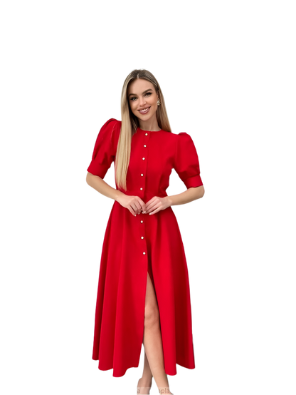 Woman wearing a red dress with a white background