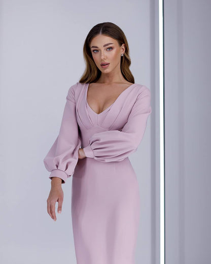 Elegant Long Sleeve Midi Dress in Powder Pink