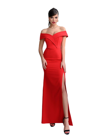 Elegant Off Shoulder Evening Dress with Side Slit in Red