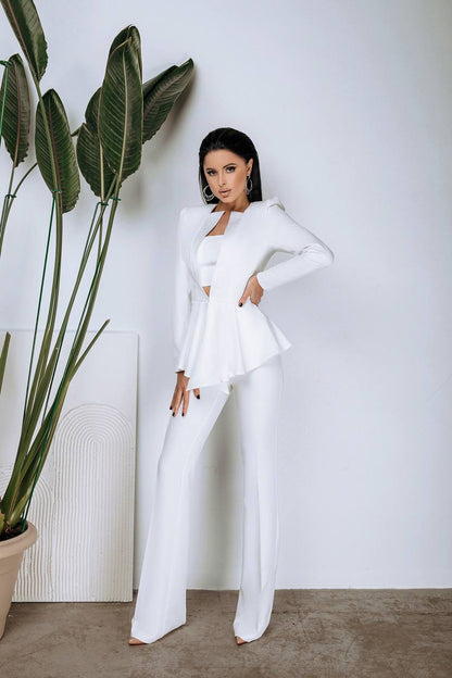 White Women Wedding Suit Bridal Elegant Cocktail Graduation Pantsuit Peplum Jacket High Waist Palazzo Pants