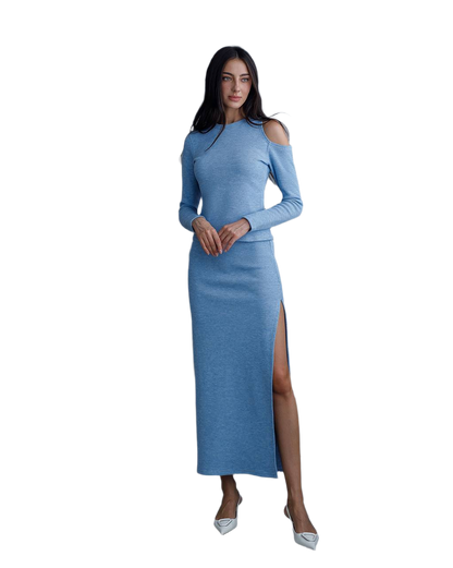 Women Knit Long Sleeve Suit with Slit Skirt