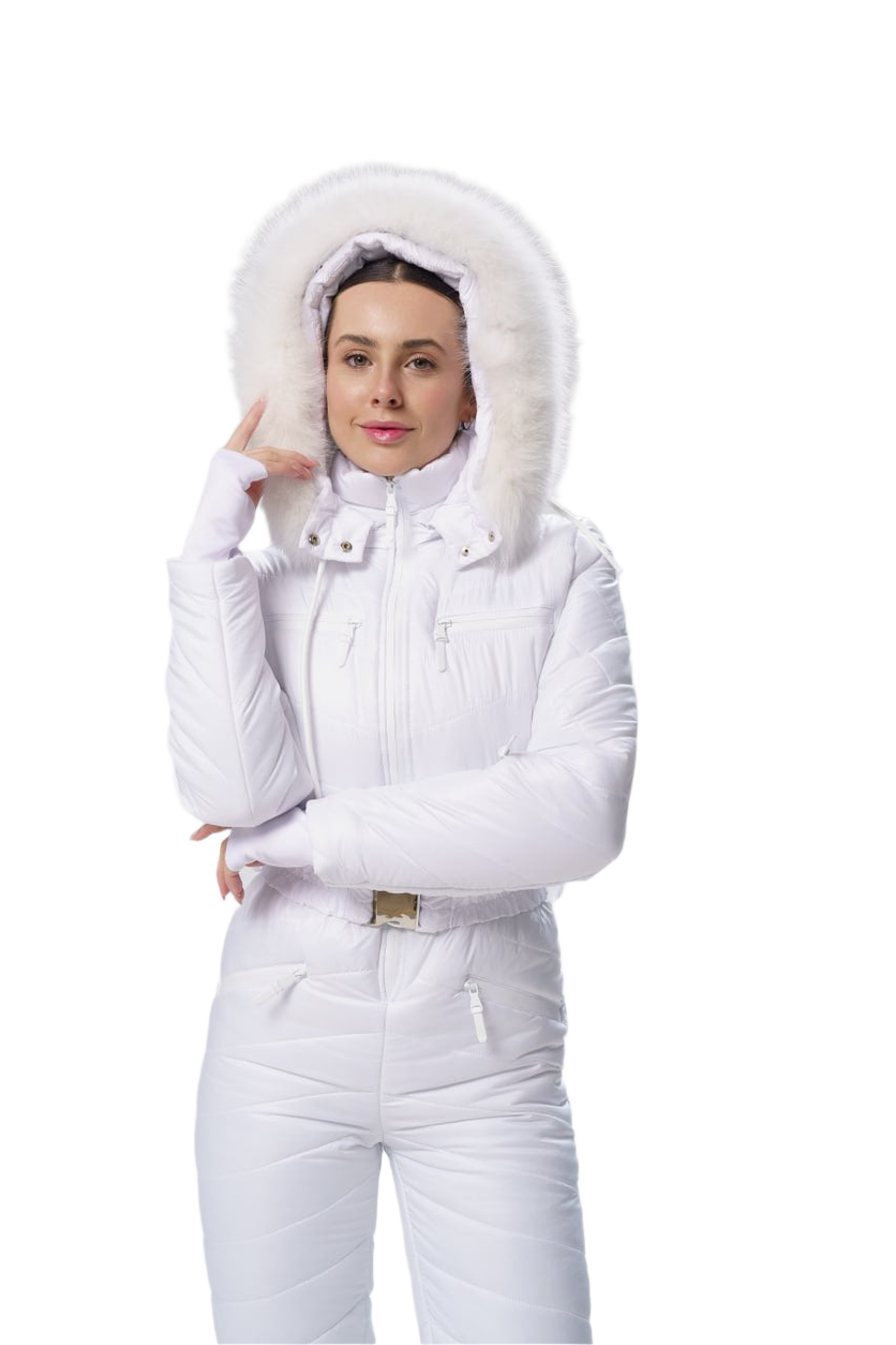 Person wearing a white snowsuit with a hood on a white background