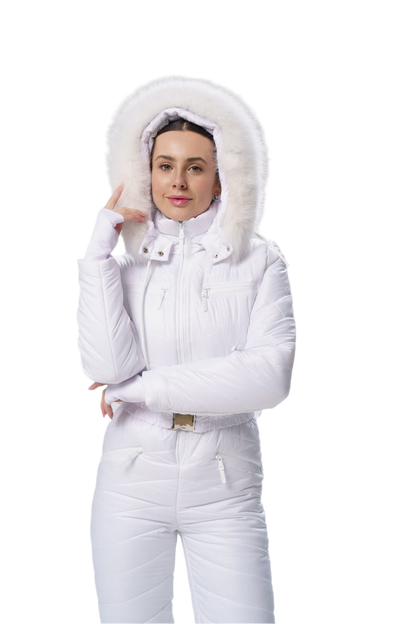 Person wearing a white snowsuit with a hood on a white background