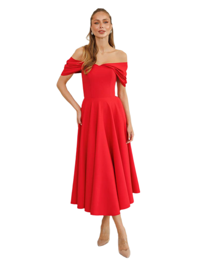 Elegant Off Shoulder Midi Dress in Diagonal Crepe