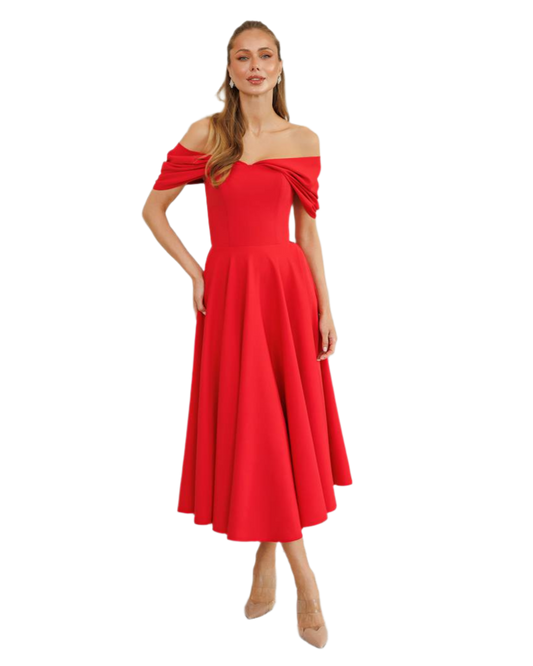 Elegant Off Shoulder Midi Dress in Diagonal Crepe