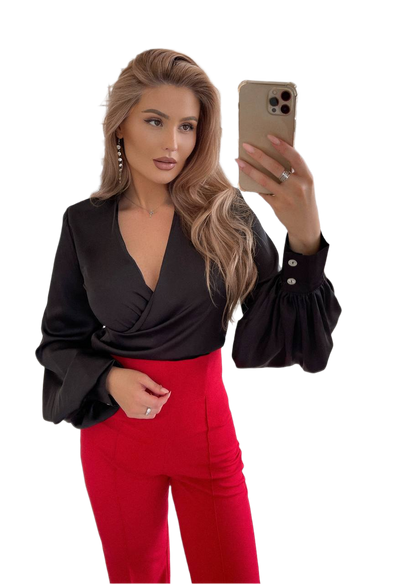 Elegant Black Silk Blouse with Balloon Sleeves for Women