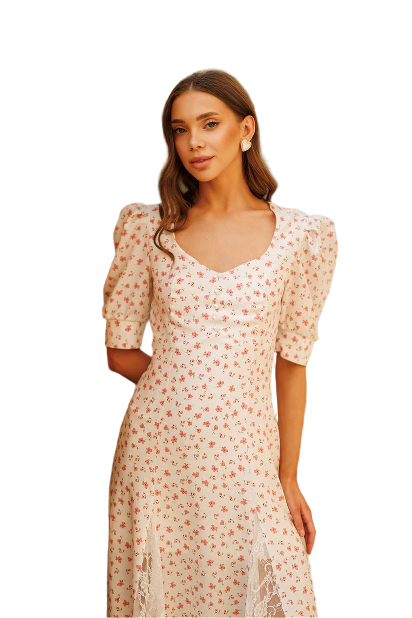 Woman wearing a floral dress on a white background